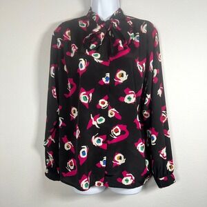 Vintage James Kenrob Secretary Blouse Womens 10 Abstract Floral High Neck Bow